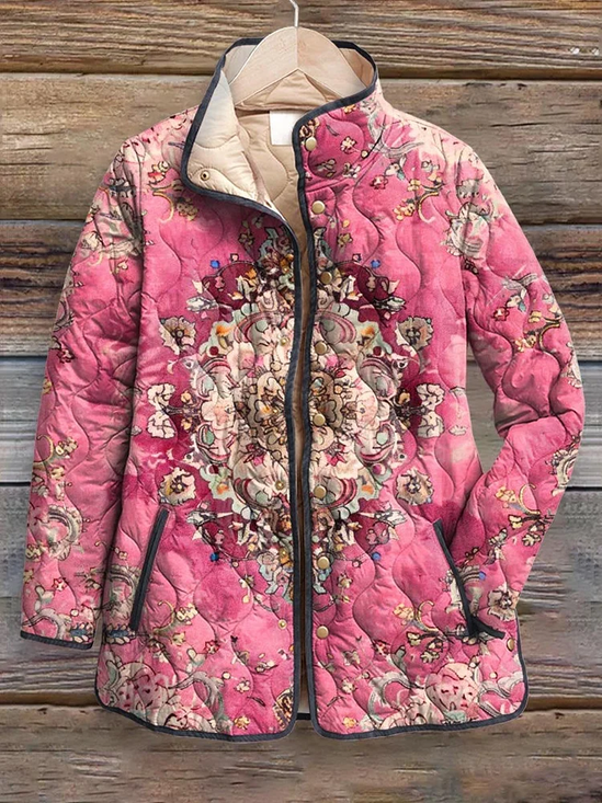 Damen Winter Oberbekleidung Retro Print Geblümt Langarm Stehkragen Jacke