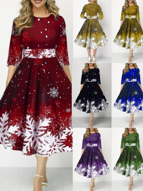 Damen Weihnachten Frühling/Herbst Kleid Rundhals Dreiviertelärmel A-Linien-Kleid
