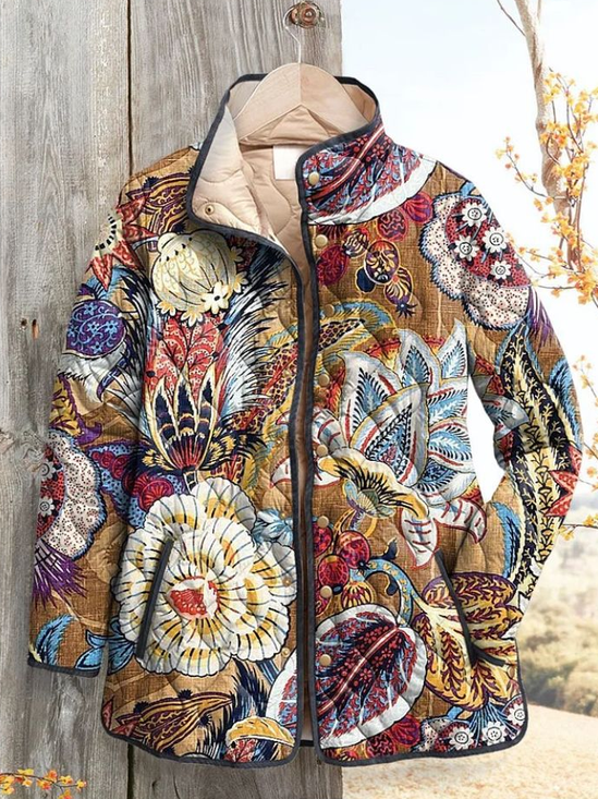 Damen Winter Oberbekleidung Retro Print Geblümt Langarm Stehkragen Jacke
