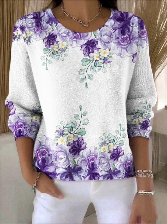 Damen Baumwolle Geblümt Langarm Bequem Retro Pullover