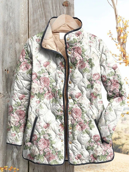 Damen Winter Oberbekleidung Retro Print Geblümt Langarm Stehkragen Jacke