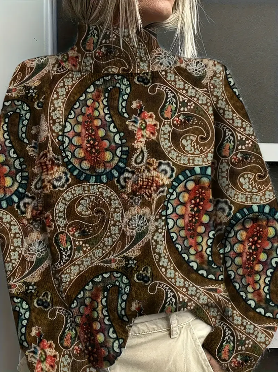 Damen Geblümt Langarm Bequem Retro Print Pullover