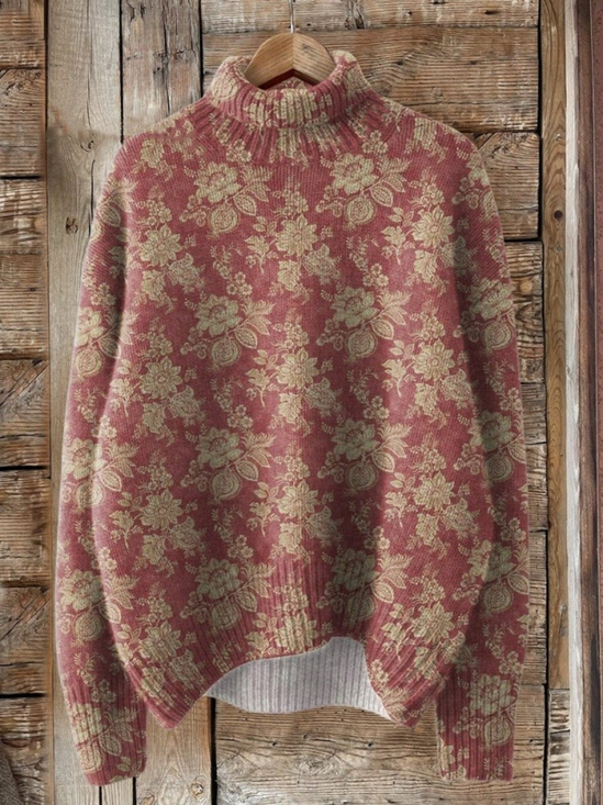 Damen Geblümt Langarm Bequem Retro Print Pullover