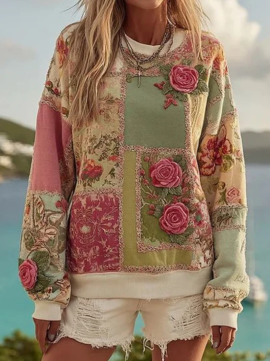 Lässig Rundhals Geblümt Sweatshirt