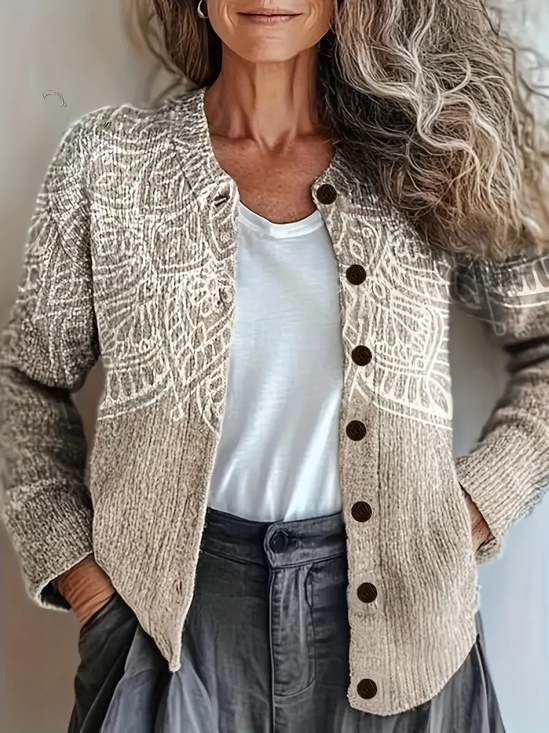 Damen Abstrakt Langarm Bequem Retro Print Strickjacke