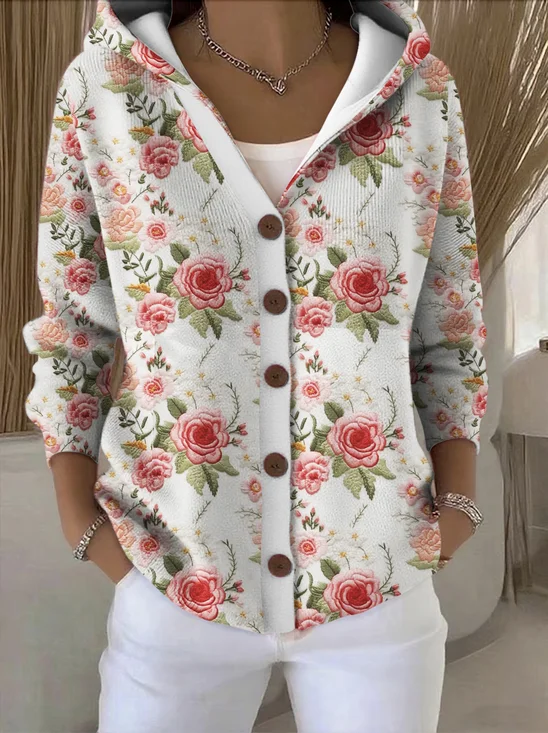 Damen Baumwolle Geblümt Langarm Bequem Lässig Strickjacke