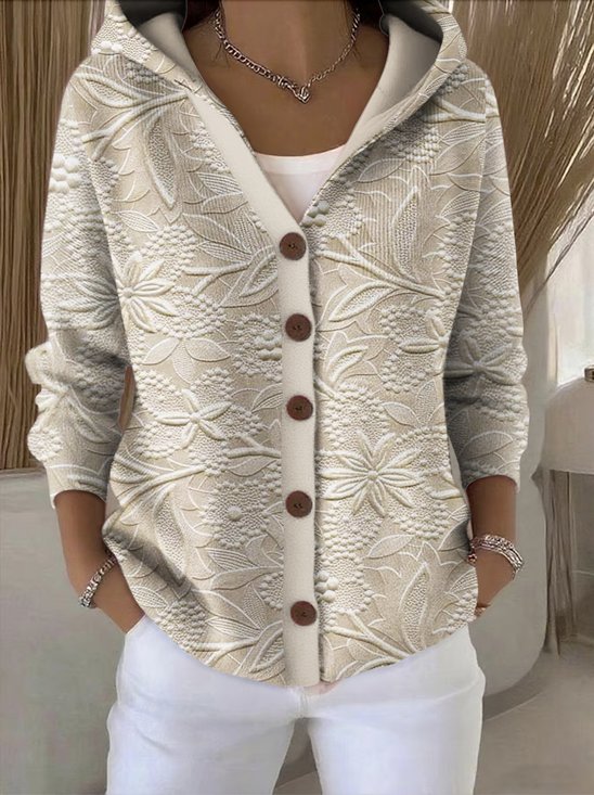 Damen Baumwolle Geblümt Langarm Bequem Lässig Strickjacke