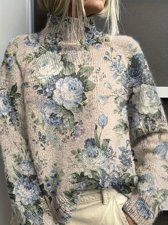 Damen Geblümt Langarm Bequem Retro Print Pullover