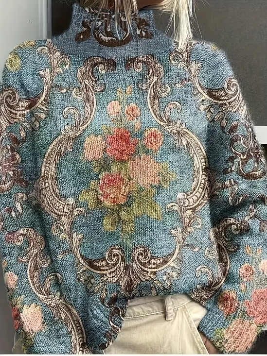 Damen Geblümt Langarm Bequem Retro Print Pullover