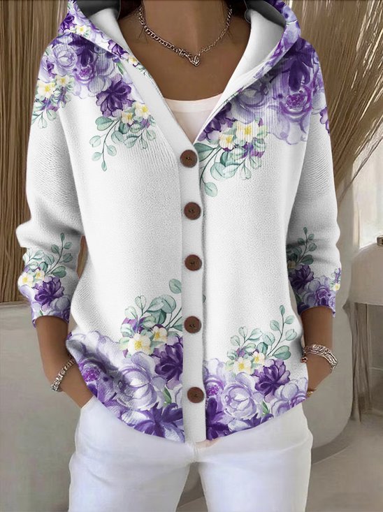 Damen Baumwolle Geblümt Langarm Bequem Lässig Strickjacke