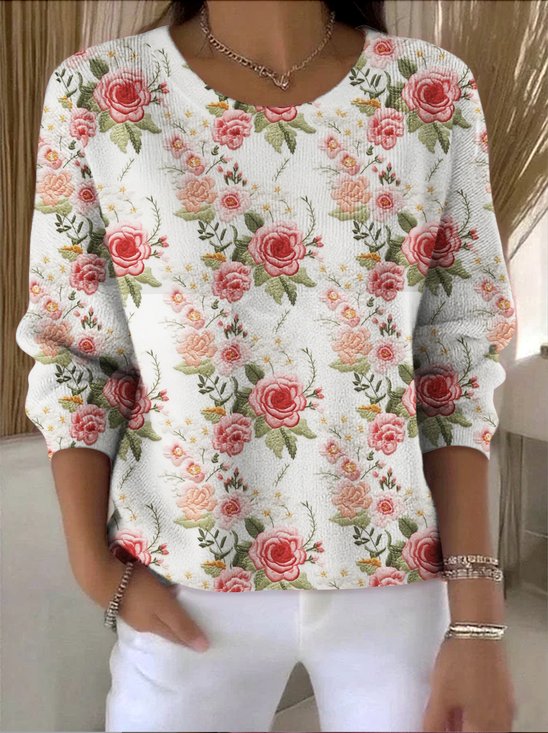 Damen Baumwolle Geblümt Langarm Bequem Retro Pullover