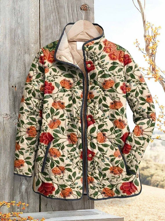 Damen Winter Oberbekleidung Retro Print Geblümt Langarm Stehkragen Jacke