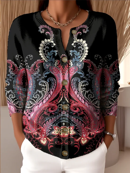 Damen Gestrickt Paisley Langarm Bequem Retro Strickjacke