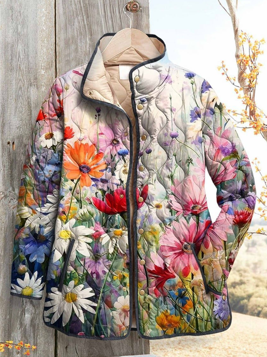 Damen Winter Oberbekleidung Retro Print Geblümt Langarm Stehkragen Jacke