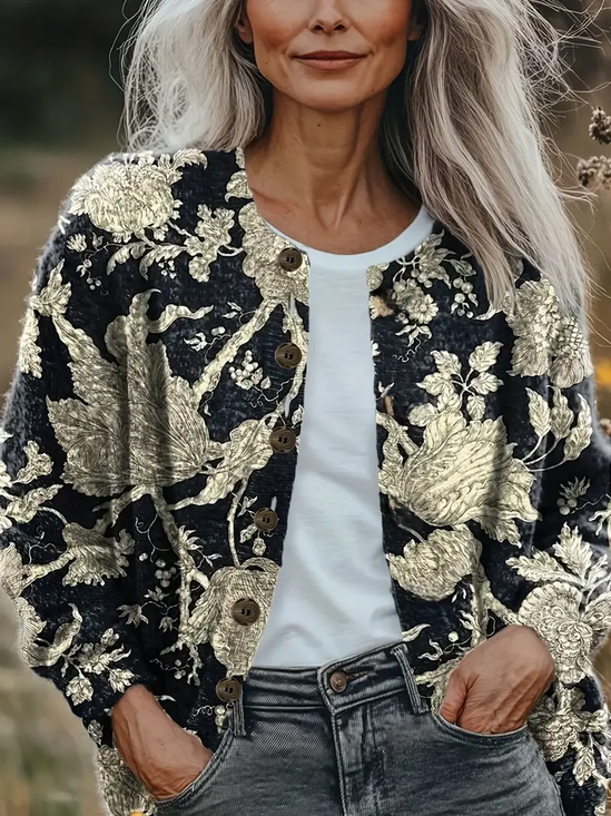 Damen Geblümt Langarm Bequem Retro Print Strickjacke