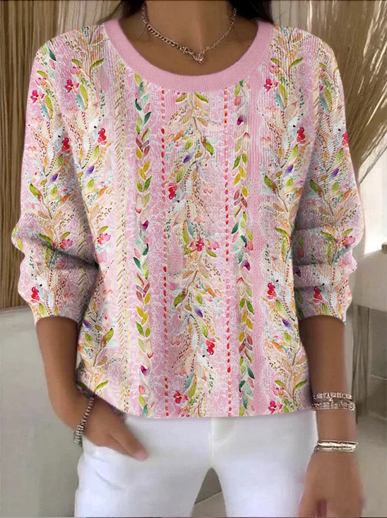 Damen Baumwolle Geblümt Langarm Bequem Retro Pullover