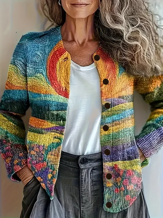 Damen Abstrakt Langarm Bequem Retro Print Strickjacke