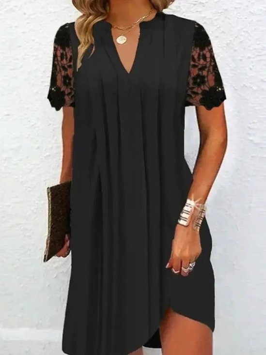 Damen Unifarben Sommer Ausgehöhlt Kleid V-Ausschnitt Kurzarm T-Shirt-Kleid H-Linie Kleid