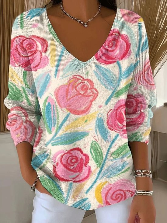 Damen Baumwolle Geblümt Langarm Bequem Lässig Pullover