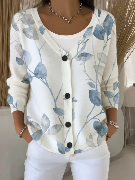 Damen Geblümt Langarm Bequem Lässig Strickjacke