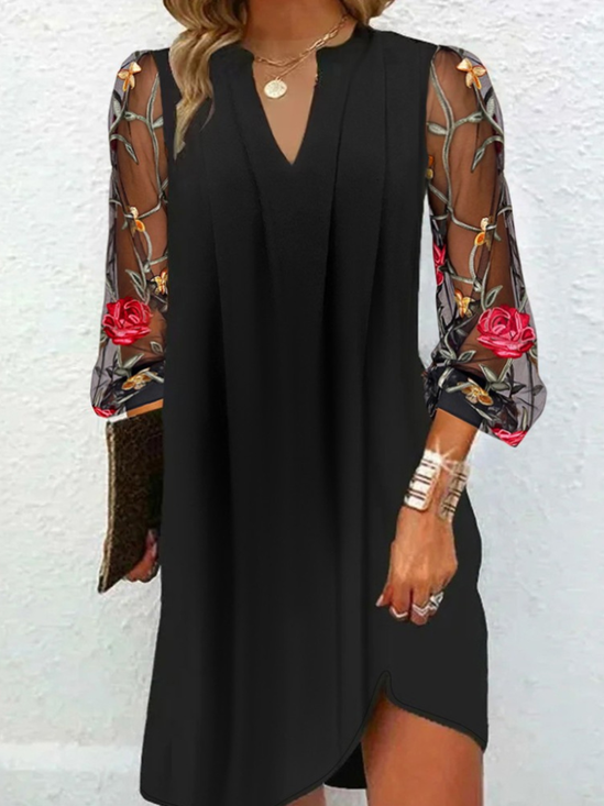 Damen Geblümt Frühling/Herbst Kleid V-Ausschnitt Langarm Ballkleid H-Linie Kleid