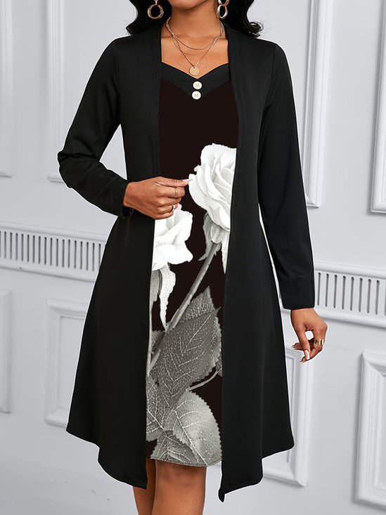Damen Geblümt Frühling/Herbst Kleid V-Ausschnitt Langarm A-Linien-Kleid