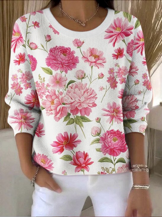 Damen Baumwolle Geblümt Langarm Bequem Retro Pullover