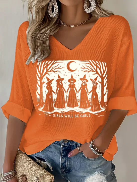 Retro Halloween V-Ausschnitt Dreiviertelärmel T-Shirt