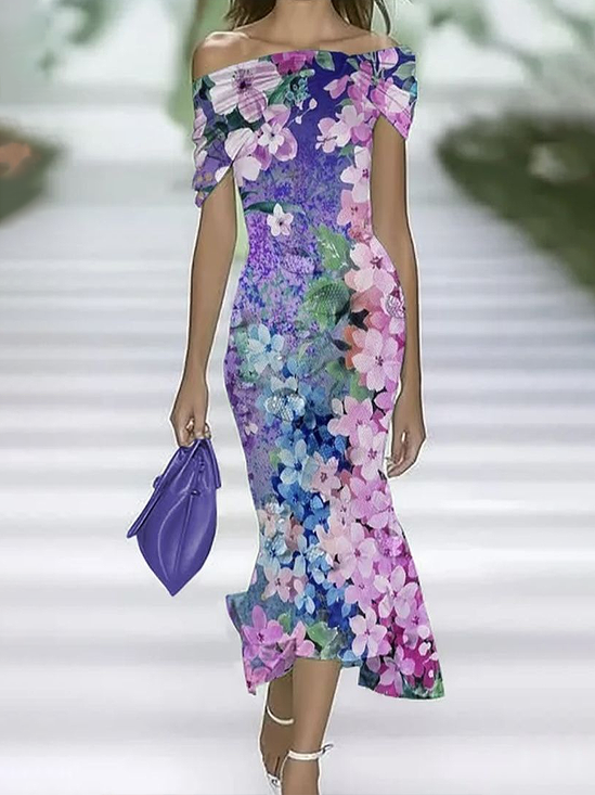 Damen Geblümt Sommer Print Kleid Schulterfrei Flügelärmel H-Linie Kleid