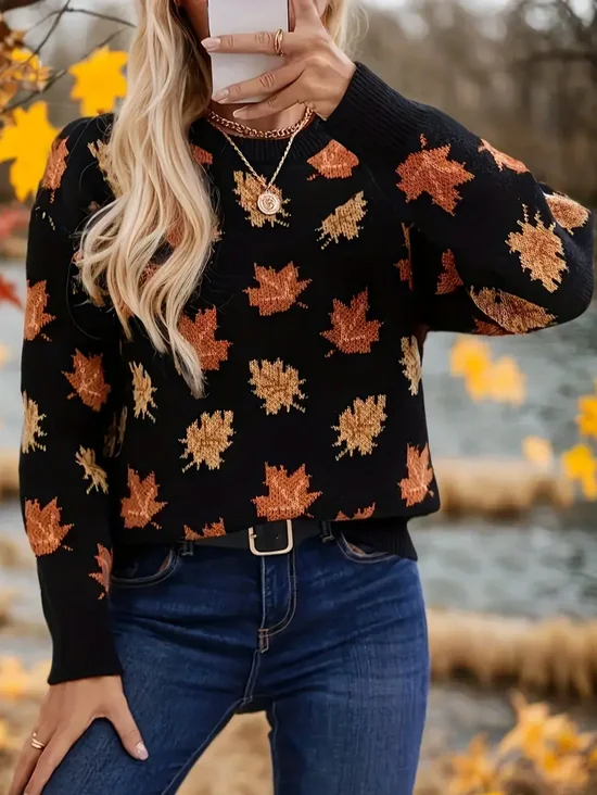 Damen Ahornblatt Langarm Bequem Lässig Print Pullover