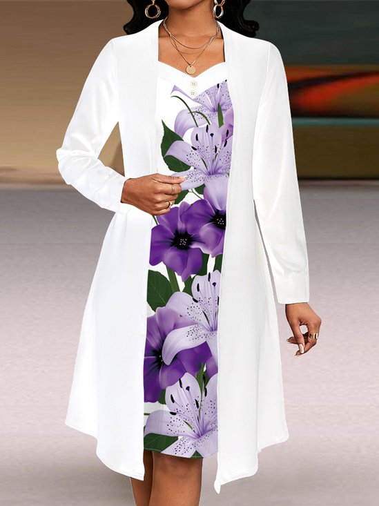Damen Geblümt Frühling/Herbst Kleid V-Ausschnitt Langarm A-Linien-Kleid