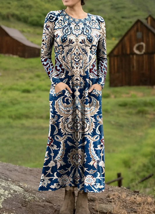 Damen Ethnisch Frühling/Herbst Kleid V-Ausschnitt Langarm T-Shirt-Kleid A-Linien-Kleid