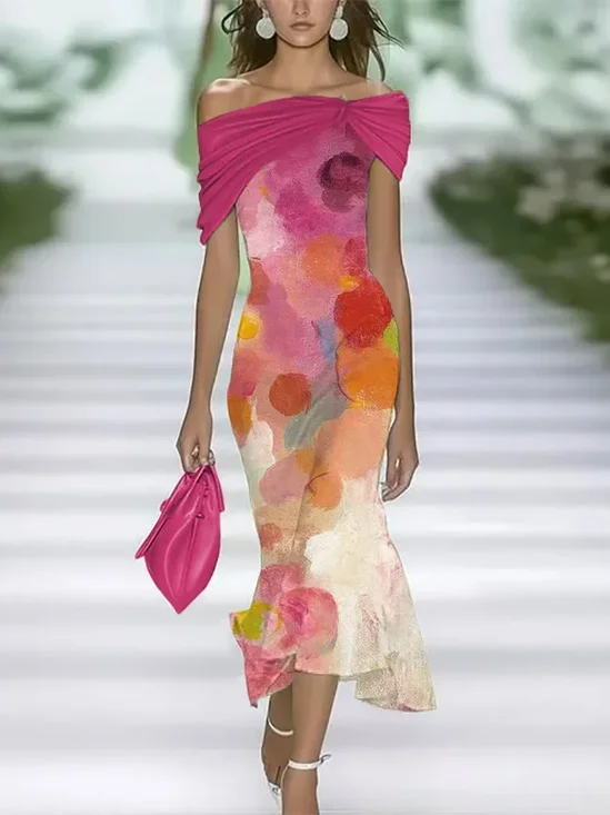 Damen Abstrakt Sommer Print Kleid Schulterfrei Flügelärmel H-Linie Kleid