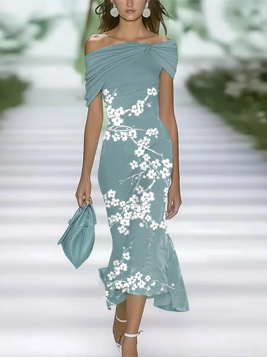 Damen Geblümt Sommer Print Kleid Schulterfrei Flügelärmel H-Linie Kleid