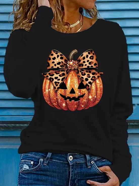Lässig Halloween (Kürbis) Rundhals Langarm T-Shirt