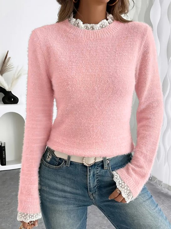 Damen Baumwolle Unifarben Langarm Bequem Lässig Pullover
