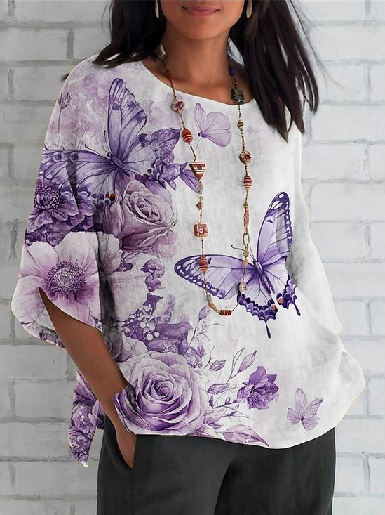 Rundhals Halbarm Geblümt Regelmäßig Regelmäßige Passform Bluse für Damen