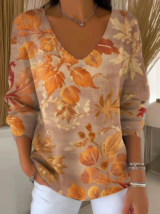 Lässig Ahornblatt V-Ausschnitt Langarm T-Shirt