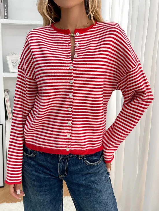 Damen Baumwolle Gestreift Langarm Bequem Lässig Strickjacke
