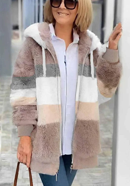 Damen Winter Oberbekleidung Retro Gestreift Langarm Kapuze Jacke