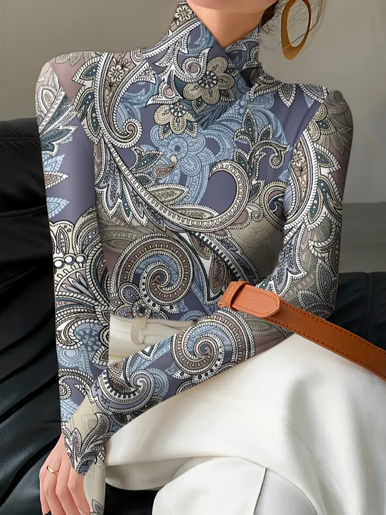 Langarm Paisley Print Regelmäßig Mikroelastizität Regelmäßige Passform Bluse für Damen