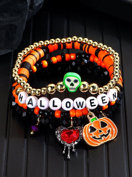 Heiß Verkauf Orange Reis Perlen Kristall Metall-plattiert Polymer Ton Kürbis Schädel Pendant Halloween Perlen Armband