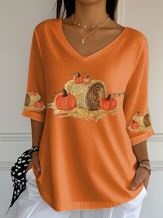 Retro Halloween (Kürbis) Rundhals Dreiviertelärmel T-Shirt