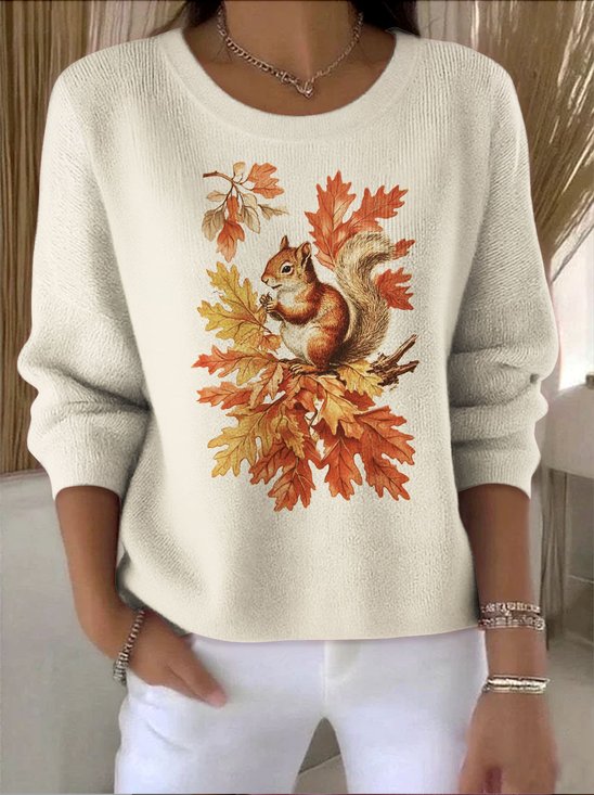 Damen Baumwolle Tier Langarm Bequem Retro Pullover