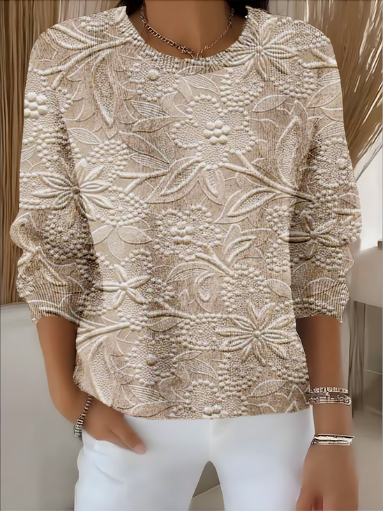 Damen Geblümt Langarm Bequem Retro Pullover