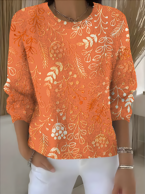 Damen Geblümt Langarm Bequem Retro Pullover