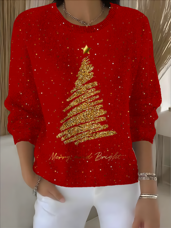 Damen Weihnachten Langarm Bequem Retro Pullover