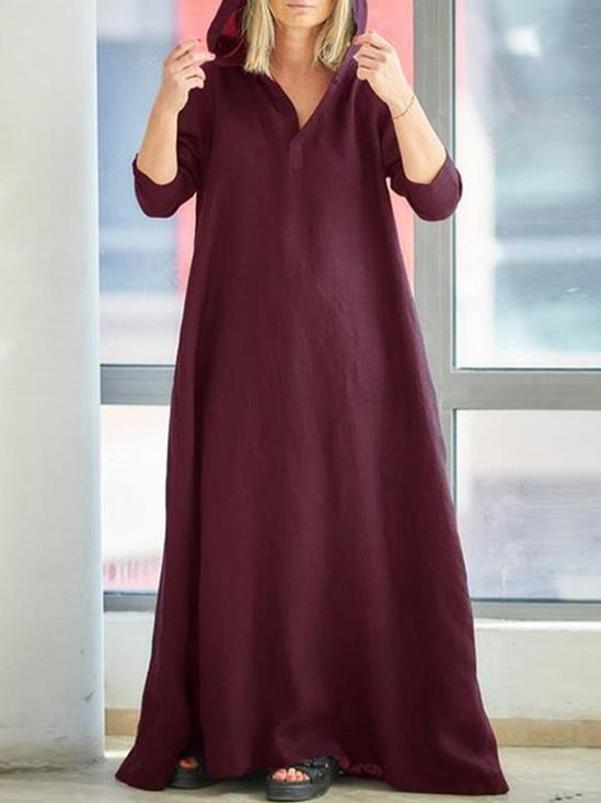 Damen Unifarben Frühling/Herbst Kleid Kapuze Langarm A-Linien-Kleid