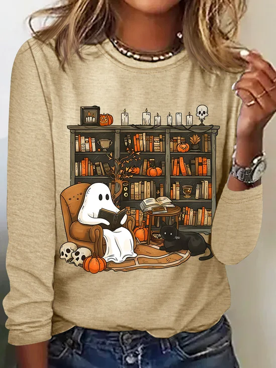 Rundhals Langarm Halloween Regelmäßig Mittlere Elastizität Weit Bluse für Damen