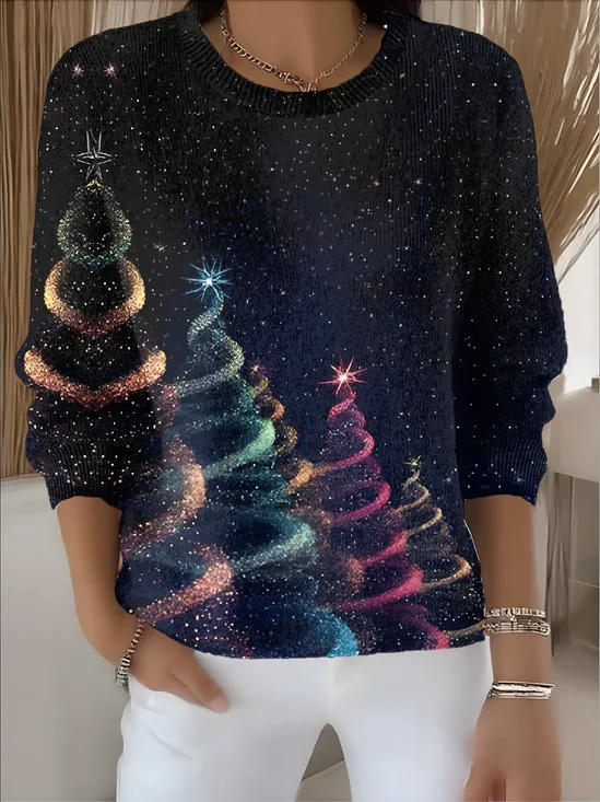 Damen Weihnachten Langarm Bequem Retro Pullover